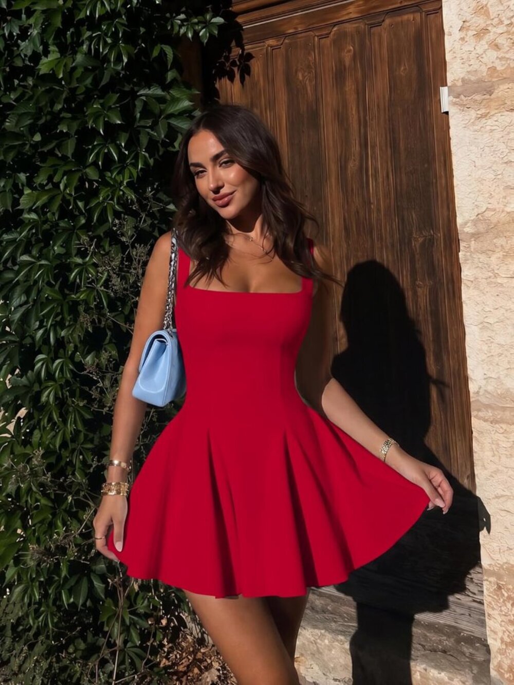 〽️Women's Red Sleeveless Square Neck Bodycon Party Club Tank Mini Dress